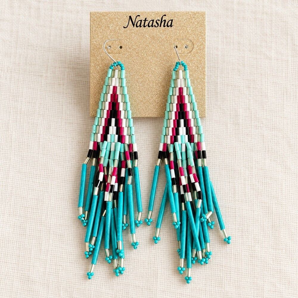 Natasha Turquoise Multicolor Beaded Fringe Dangle Earrings Geometric NWT